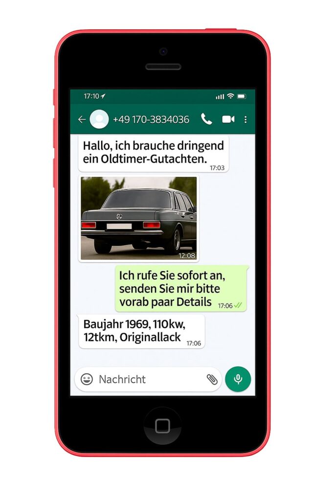 Smartphone mit WhatsApp Nachricht zum Thema Oldtimer Gutachten
